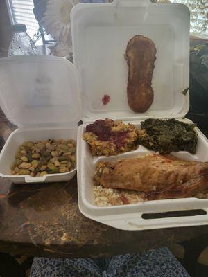 Turkey Wing, Dressing, Collards, Mixed Peas, & Cornbread