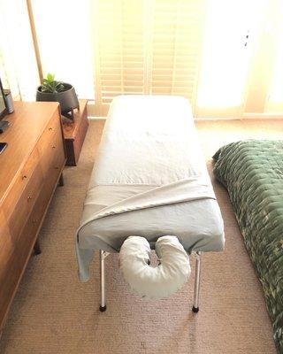 For in-home massage, we only need about 5 ft. x 10 ft. of space.  We will bring all the supplies so you can relax.