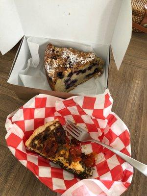 Tomato, spinach and feta quiche. Blueberry crumb cake