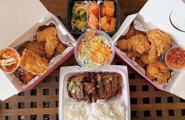 DELIVERY (L to R): 1/2 Original KFC ($15.95+$2 Supreme Sauce), Galbi w/ rice, banchan ($28.95), 1/2 Extreme Chili Soy KFC ($14.95)