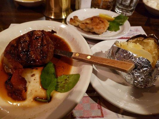 Bacon wrap filet,  bake potato.