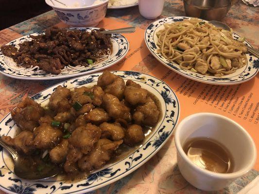 Mongolian beef, pepper chicken, and chicken chow mein