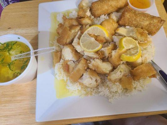 Lemon Chicken and egg rolls with WonTon Soup.