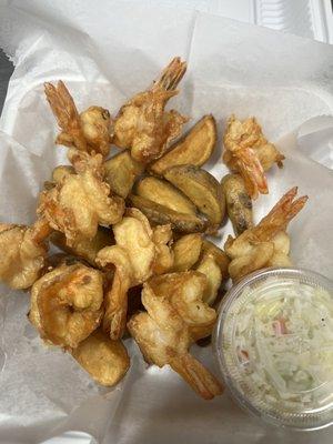 fried shrimp and potato wedges