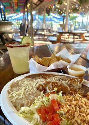 Carne Guisada enchiladas, margarita on the rocks, chips and queso