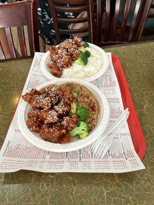 Sesame Chicken with 1/2 white rice 1/2 fried rice