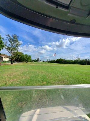 Views on Hole #2 huge American flag