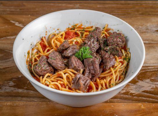 Linguine with Pomodoro sauce and Steak cooked to perfection