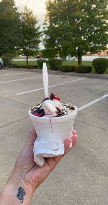 Triple berry sundae with hot fudge