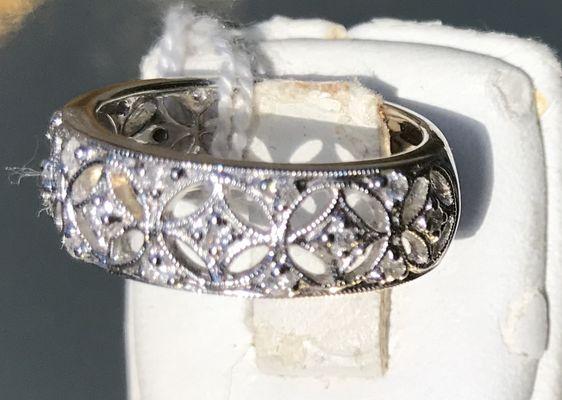 18 Kt white gold Antique band. 0.28 ct diamonds . $850. Item # E 4572