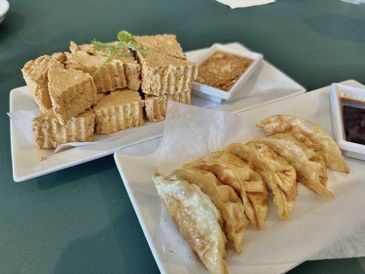 Fried tofu and house-made potstickers