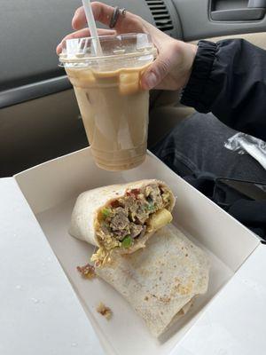 Meat Burrito and Chai Latte