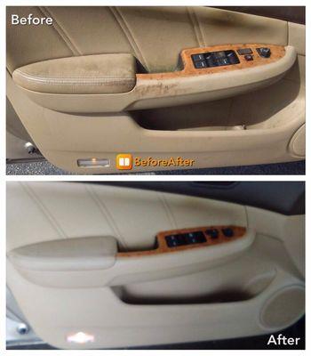 Interior detail on a Honda Accord. Door panel before and after pic