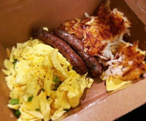 Chive scrambled eggs, sausage, & hashbrowns!