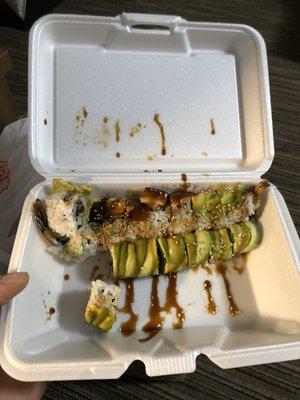 Rolls also sloppily thrown into container.  No wasabi or ginger.  They tasted a little better.    Quality of airport bookstore sushi.