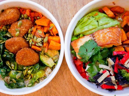 Vegan Bowl (left) with vegan nuggets and Baja Bowl (right) with salmon