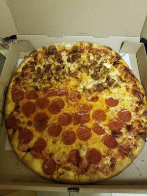 Half chicken cutlet and Half pepperoni.