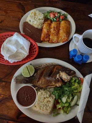 Enchiladas and fried fish