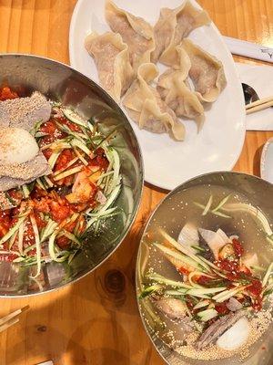 Left to right: Spicy cold noodle, Kimchi Wang Mandu, cold noodles