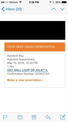 On May 10, at 12:30pm, the Best Buy Auto Bay tech, told me my appointment was at 12pm, and that we would need to reschedule for Wednessday.