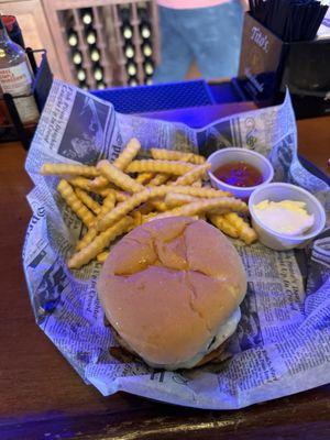 Legend Burger and crinkle fries