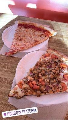 Plain Regular Slice of Pizza and chicken Chicken, Tomato and Onion Pizza slice (THE BEST!)