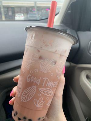 The boba that I got, Strawberry and Cream Milk Tea