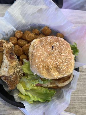 Tavern Burger with tater tots and two lemon pepper wings