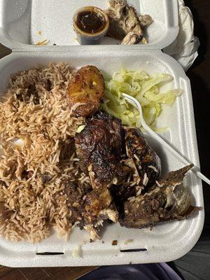 Jerk chicken, rice & peas, cabbage and plantains!