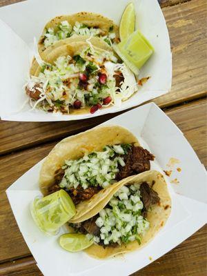 Top: fish taco Bottom left to right: pork taco and beef taco