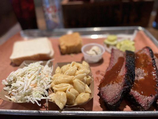 Slice Brisket / Mac n Cheese / Coleslaw / Cornbread / White Bread / Pickles n Onions