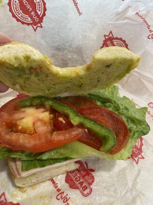 Holey Guacamole with no real guacamole on the sandwich, even the vegetables, which are touching the "guacamole " have no trace on them.