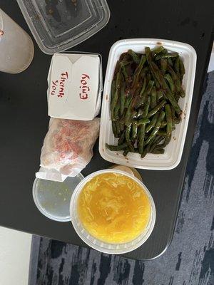 Sauteed string beans and chicken corn soup.