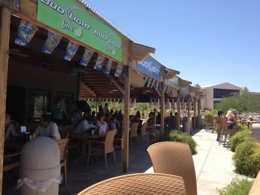 From uncovered outdoor seating area, looking into the covered dining area