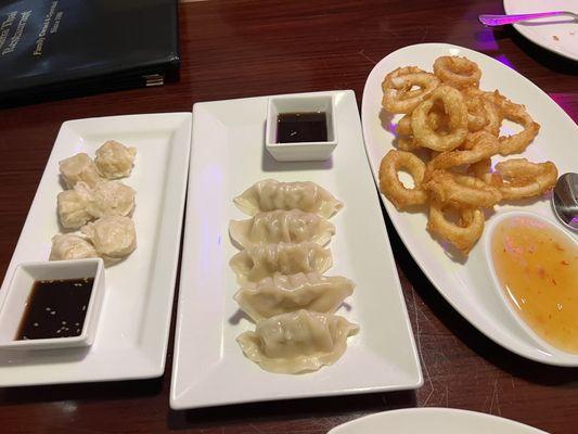 Shrimp Shumai, Pork Dumpling, Squid Rings