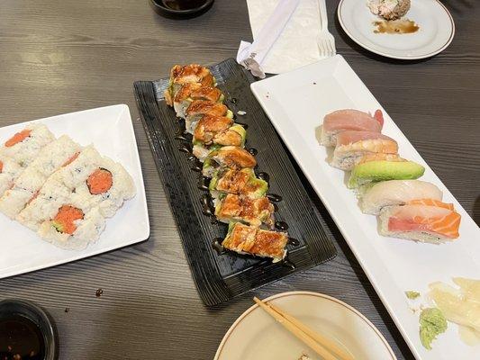 Spicy tuna, dragon, and rainbow rolls