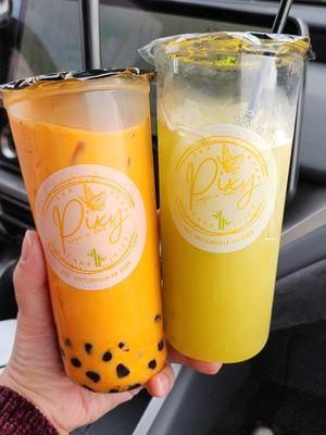 Large thai tea with boba and sugarcane with coconut