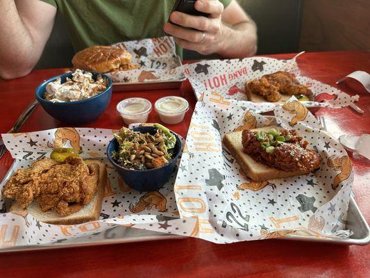 OG Chicken sandwich; Three Piece dark; loaded Mac; broccoli salad