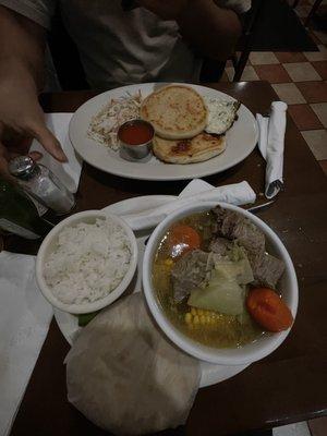 Sopa de Res, Queso con Ayote Pupusa, Shrimp Pupusa