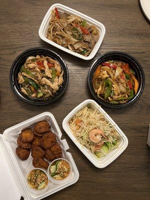 Fish cakes, Papaya Salad, basil chicken, beef Pad Kee-Mao, chicken Pad Prik Gaeng