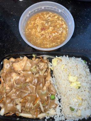 Lunch special - chicken chow fun and fried rice with hot and sour soup