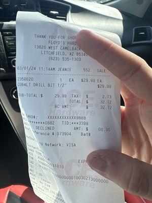 Original receipt of my 1/2" drill bit