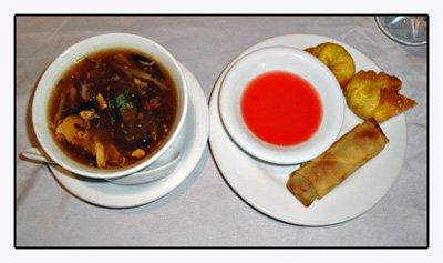 Hot and sour soup, crab rangoons and spring roll that came with lunch special.