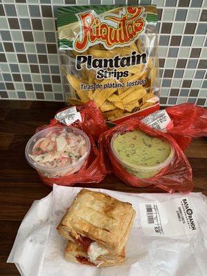 Plantains, ceviche, guacamole and guava & cheese strudel