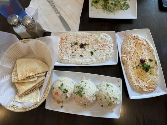 Pita (left) , Rice (bottom), Tzatziki Sauce (top), Hummus (right)