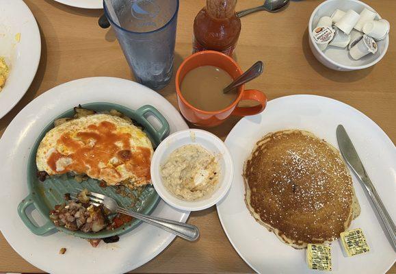 Corned beef hash skillet with a side pancake (instead of bread)