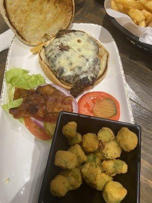 Bacon cheeseburger with fried okra