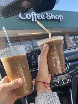 SM Iced Snicker Doodle Latte with Almond Milk  LG Italian Job with Almond Milk and extra shot of Espresso BOTH with iced Coffee Cubes