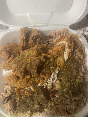 Fried chicken with Rice and Peas and Curried Goat gravy