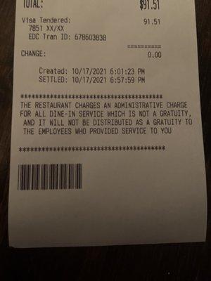 20% hospitality fee- NOT a tip or gratuity